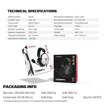 Fantech HG30 CARBON USB 7.1 Virtual surround sound Gaming Headset, Crystal-clear & Powerful Sound