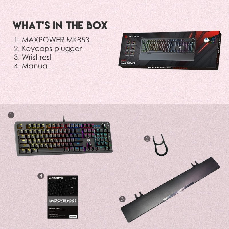 Fantech MK853 MAXPOWER, Pro Wired Mechanical Keyboard with RGB Lighting & Comfortable with wrist rest - WHITE