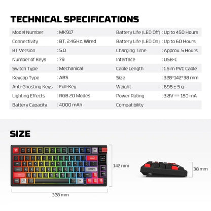 FANTECH MK917 ATOM PRO79, 3 Modes: Bluetooth, Wireless & Wired, Built-in Battery, Mechanical Gaming Keyboard - WHITE