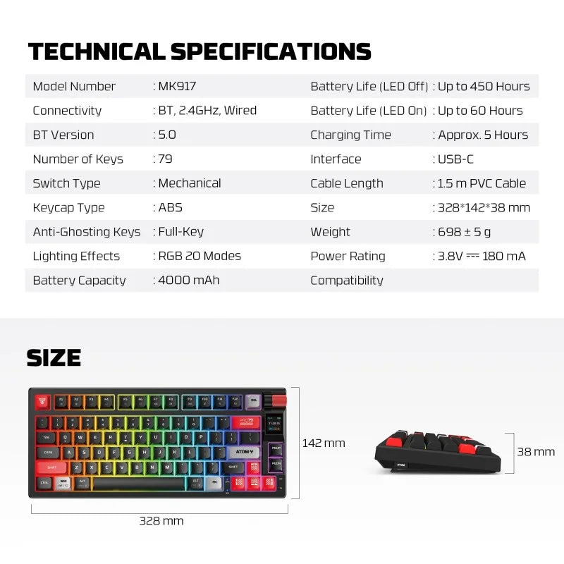FANTECH MK917 ATOM PRO79, 3 Modes: Bluetooth, Wireless & Wired, Built-in Battery, Mechanical Gaming Keyboard - WHITE