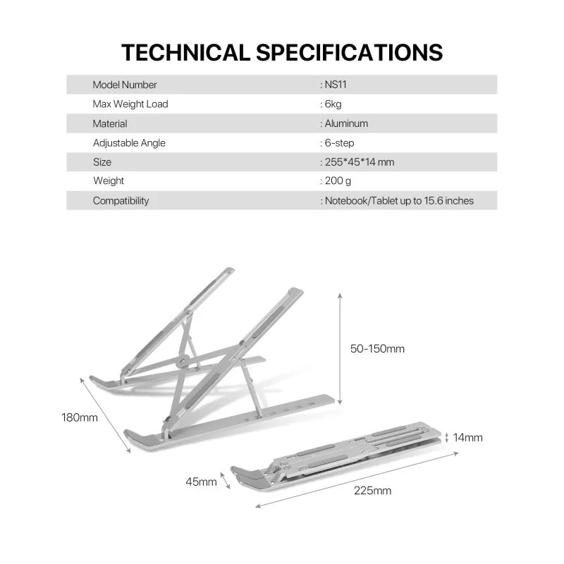 FANTECH NS11 Portable Aluminum Laptop Stand – Adjustable Height & Angle, Fits Up to 15.6" Laptops, Free Pouch Included