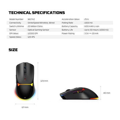 FANTECH WG7V2 CRYPTO II, 12000DPI Dual Mode Wired & Wireless Gaming Mouse with Built-in Battery