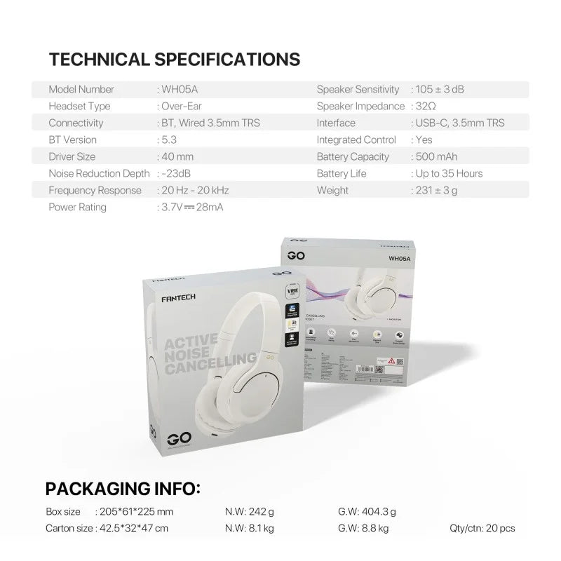 FANTECH WH05A GO VIBE: Bluetooth, - Active Noise Cancelling (ANC) WIRELESS HEADSET