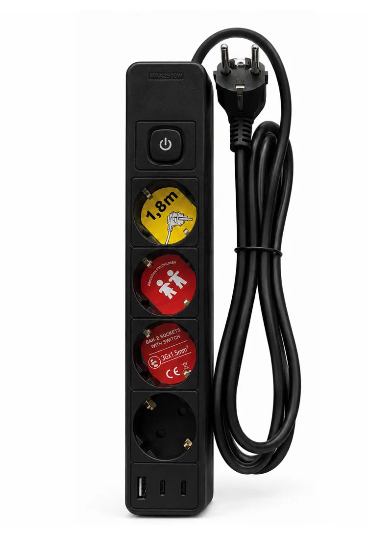 INVO 4 Socket Power Strip, 1.8m Cable, with USB Port & Child Protection Switch - Black