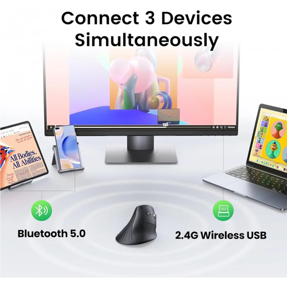 UGREEN Vertical Mouse Wireless (Bluetooth 5.0+2.4G) Ergonomic Mouse with 5 Buttons, 1000/1600/2000/4000 DPI, Prevention of Mouse Arm, Vertical Mouse Compatible with PC/Laptop/Tablet, Black|MU008-25444