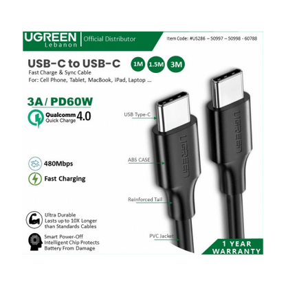 Ugreen Cable Usb-C To Usb-C Pd60W Fast Charge & Data 1.5M - US286 - 50998