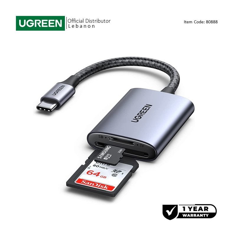 UGREEN USB-C High Speed 2-in-1 Card Reader, supPorts SD/Micro SD/TF/SDHC/SDXC/Micro SDHC/Micro SDXC/MMC - CM401 80888